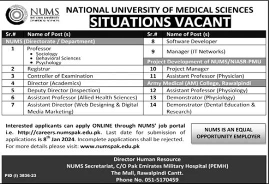 Latest Jobs in Pakistan by NUMS 2024 - Apply Online