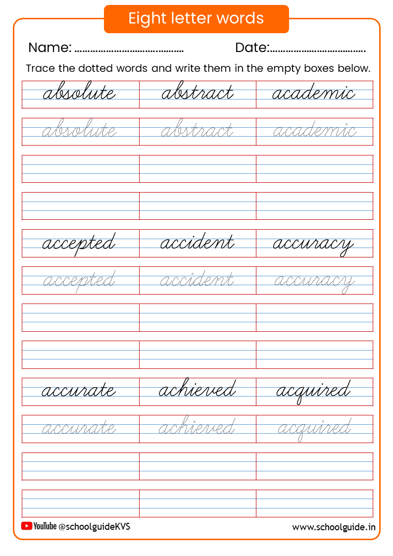 Eight Letter Words Cursive Writing Worksheets