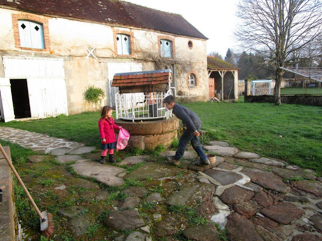 Easter egg hunt, amidst barns and the well