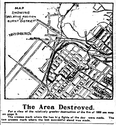 Map and caption from a Journal article on the 1903 fire. Below the map is the title 'The Area Destroyed.' and a subtitle 'For a view of the relatively greater destruction of the fire of 1900 see map on page 3. The crosses mark where two big fights of the day were made. The two crosses mark where the last successful stand was made.' On the map is the title 'Map showing relative position of burnt district'. The map has outlined that part of Dalhousie Ward east and south of the Canada Atlantic Railway tracks extending as far east as Rochester or Division (one of the crosses is where the east boundary pushes out to Lorne Ave (Upper Lorne Pl) between Maple (Primrose) and Somerset. After there the fire boundary is between Rochester and Division down to Poplar, which it skirts back to Rochester, then skirting Willow to Preston where it continues down to Louisa, which is the southernmost extent of the fire between Preston and the tracks. 