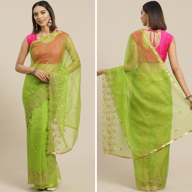 Green & Golden Checked Embroidered Organza, Buy Organza Saree, Buy sarees Online, Buy green transparent saree,  Buy Organza Sarees Online Under Rs 2000