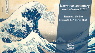ID: The Great Wave off Kanagawa by Katsushika Hokusai, 1831 with a blue text box with the following text: "Narrative Lectionary/Year 1-October 2 2022/Rescue at the Sea/Exodus 14:5-7, 10-14, 21-29" with the diakonia.faith logo at the bottom