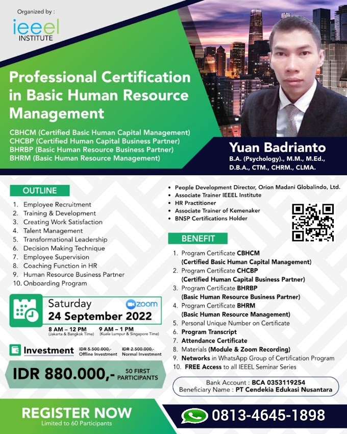 WA.0813-4645-1898 | Certified Basic Human Capital Management (CBHCM), Certified Human Capital Business Partner (CHCBP), Basic Human Resource Business Partner (BHRBP), Basic Human Resource Management (BHRM)