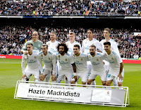 REAL MADRID C. F. - Temporada 2017-18 - Keylor Navas, Sergio Ramos, Toni Kroos, Varane, Cristiano Ronaldo; Lucas Vázquez, Christian Bale, Marcelo, Kovacic, Carvajal y Marco Asensio. REAL MADRID C. F. 1 (Cristiano Ronaldo) ATLÉTICO DE MADRID 1 (Griezmann). 08/04/2018. Campeonato de Liga de 1ª División, jornada 31. Madrid, estadio Santiago Bernabeu.