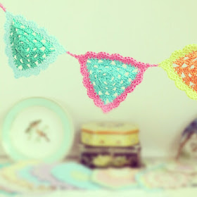 ByHaafner, garland, bunting, crochet, vintage tins, pastel doily, thrifted plate with birds