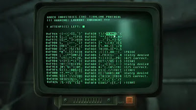 On display is the Fallout universe computer terminal screen with the hacking interface on display. The player has input four of the five attempts they are given. The goal is to try figure out the key word from a jumble of words with a lot of symbols inbetween. When a player selects a word it will then give feedback how many of the words the player has correct and through luck and process of elimination does the player "hack" the terminal