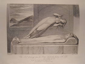 An illustration of a figure reclining stiffly in bed, while a woman in a nightgown floats into the air, her feet nearly connected to the feet of the figure in bed. The caption reads "The soul hovering over the body reluctantly parting with Life."