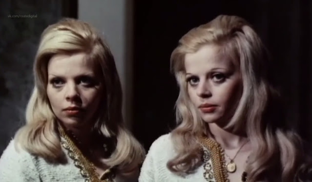 Twin Sisters Marie-Pierre Castel and Catherine Castel in Fly Me the French Way (Bacchanales Sexuelles, Tout le monde il en a deux), a 1974 film by Jean Rollin