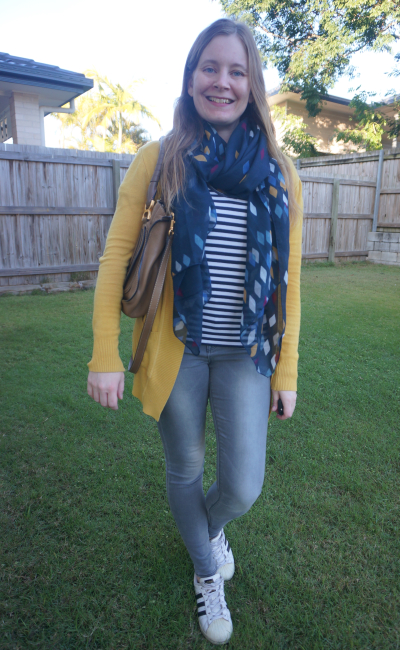 stripe tee grey skinny jeans superstar sneakers, navy scarf, mustard yellow cardigan and chloe marcie bag | awayfromblue