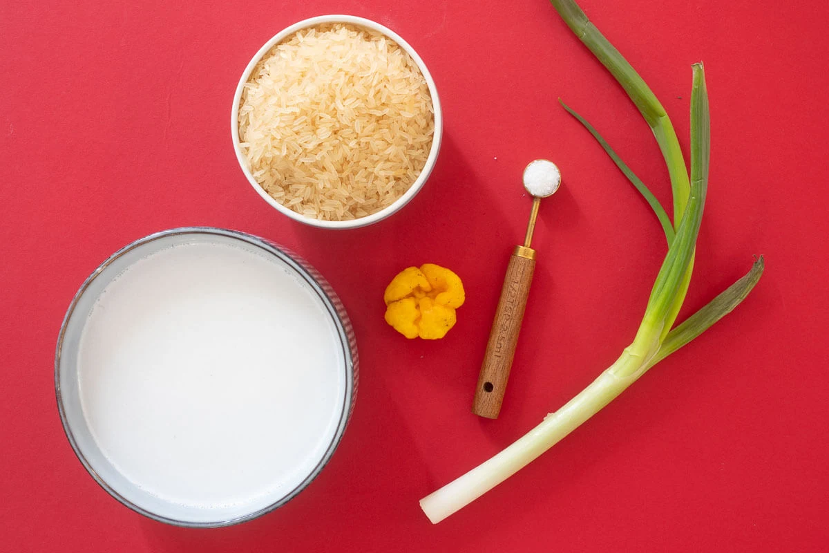 Ingredients needed for making Caribbean coconut rice.