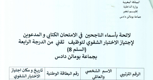 لائحة المدعوين لإجراء الاختبار الشفوي لمباراة توظيف 1 تقني من الدرجة الرابعة بجماعة بومالن دادس إقليم تنغير