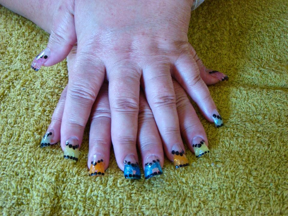 Disco Diva Collection  Imported duck tail tips; sculpted on clear tips - Acrylic Nail Art Design