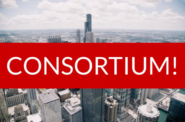 A cityscape partially obscured by a red box with white lettering that spells 'CONSORTIUM!'
