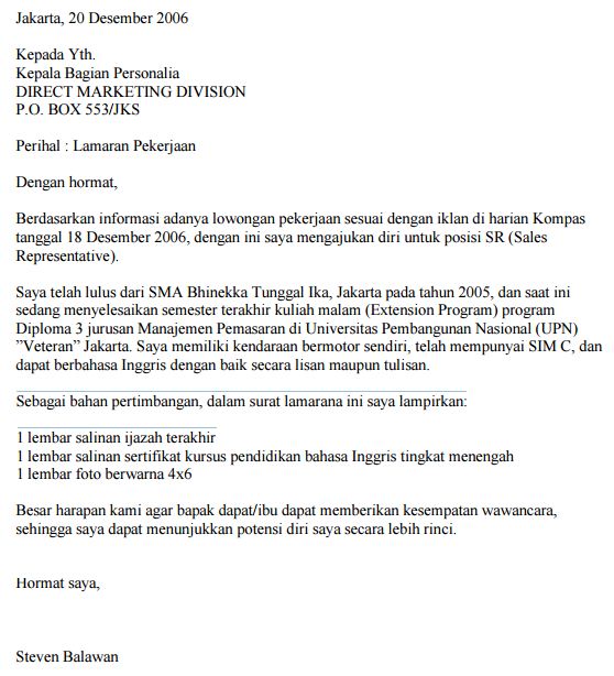 Contoh Surat Lamaran Kerja Marketing FIF Marketing Leasing 