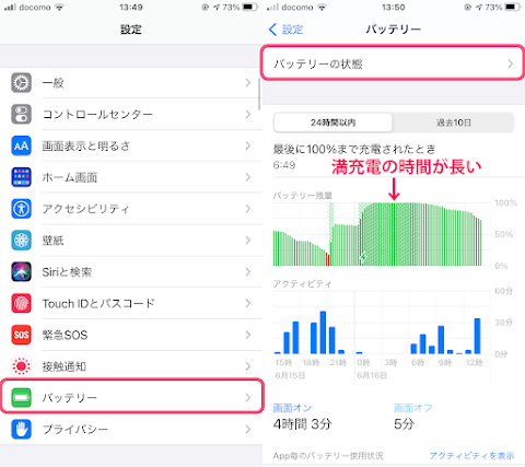 iPhone の「設定」の「バッテリー」から確認すると就寝中の満充電の時間が長い