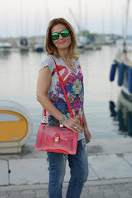 Summer outfit, flamingo t-shirt, Marc by Marc Jacobs transparent bag, Fashion and Cookies