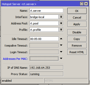 IP > Hotspot > Server > Addresses Per MAC