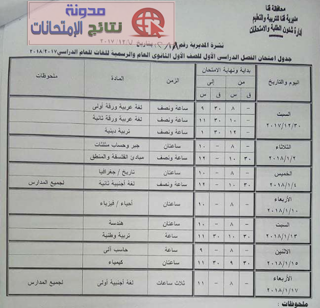 جداول إمتحانات الترم الاول بمحافظة قنا 2018 بالصور