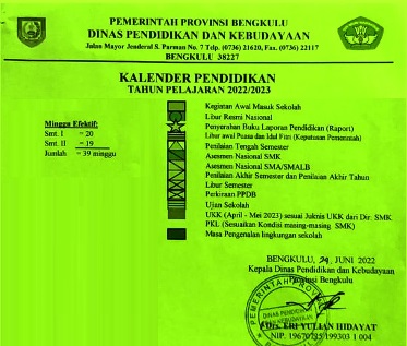 Kalender Pendidikan Tahun Pelajaran 2022/2023 Provinsi Bengkulu