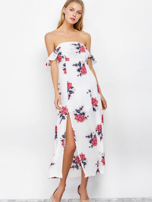  Maxi Off The Shoulder Floral Print Cocktail Dress - White