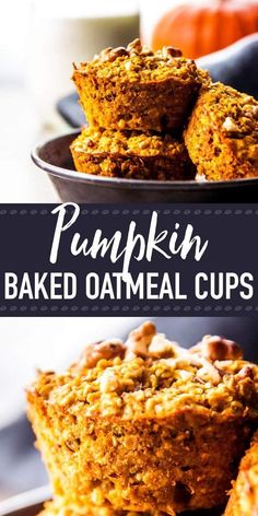 These baked pumpkin oatmeal cups are a surefire way to get a nutritious breakfast into your kids on those crisp and chilly school mornings during fall. You can make them ahead and stash them in your freezer for easy meal prep. They're perfect to fuel up for a busy day with healthy ingredients. You can add chocolate chips, nuts or cranberries as you like - and they're great for on the go or for lunch boxes, too. | #pumpkin #mealprep #oatmeal #cleaneating #healthy #lunchbox #freezercooking