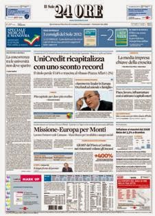 Il Sole 24 Ore del 5 Gennaio 2012 | ISSN 0391-786X | PDF HQ | Quotidiano | Economia | Finanza | Politica
Il Sole 24 Ore è il quotidiano economico più venduto tra quelli pubblicati in Italia e il terzo giornale d'informazione più venduto nel paese dopo il Corriere della Sera e La Repubblica.
La testata nacque il 9 novembre 1965 dalla fusione di due quotidiani: Il Sole, fondato nel 1865, e 24 Ore, nato nel 1946.