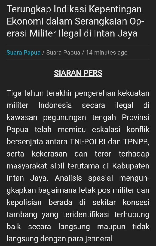 Terungkap Indikasi Kepentingan Ekonomi dalam Serangkaian Operasi Militer Ilegal di Intan Jaya