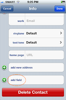 Screen shot of add field option in a contact's info in iPhone 4S.