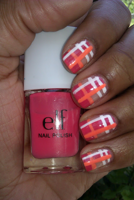 Pink, peach, coral, white, plaid, nail art, design, mani