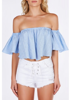 Emily Ratajkowski in Blue Off the Shoulder Ruffle Crop Top