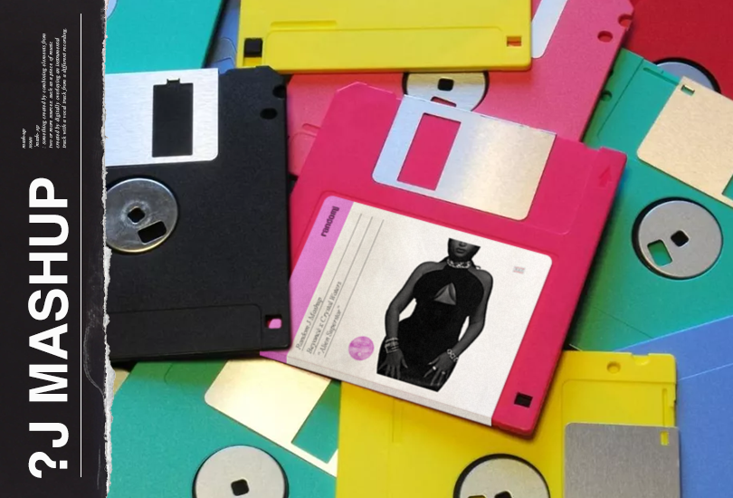 A pile of colourful floppy discs. With one pink disc with a label on it, which features the cover art of my Beyoncé x Crystal Waters mashup. The cover art of which features a faceless black and white shot of Beyoncé from when she was at a Club Renaissance event in Paris.