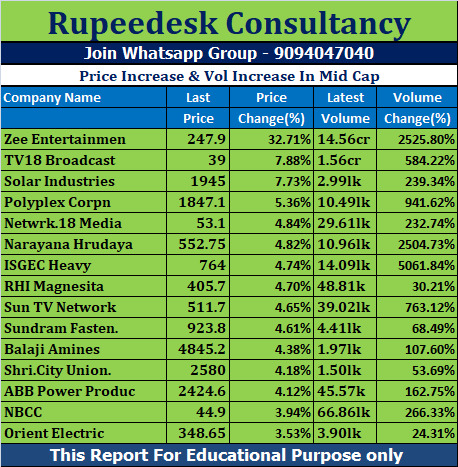 Price Increase & Vol Increase In Mid Cap