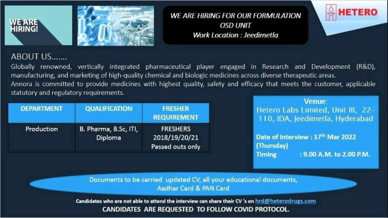 Job Availables,Hetero Labs Limited Job Vacancy For B.Pharm/ BSc/ ITI/ Diploma- Freshers