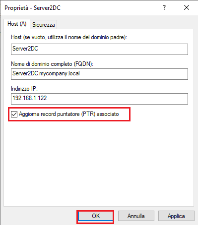 Aggiorna record puntatore record associato (PTR)