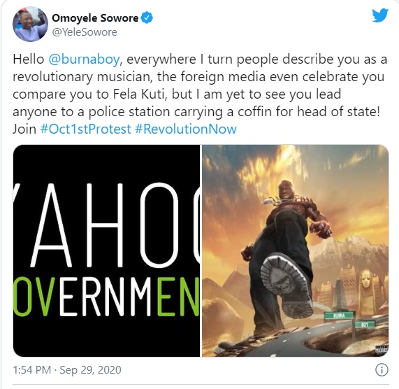 Omoyele Sowore Begs Burna Boy To Protest With Him Against Buhari On October 1