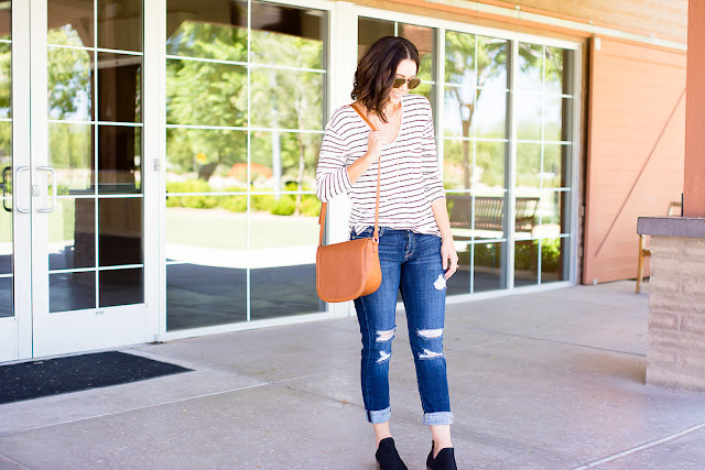 Fall Inspiration outfit with bp stripped top and Ankle Skinny Jeans 7 FOR ALL MANKIND