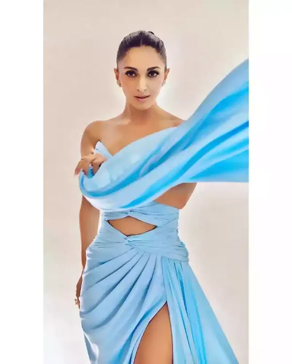 kiara advani blue high slit dress cleavage legs