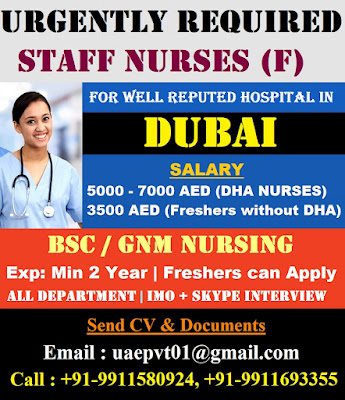 Staff Nurses (F) for a Well Reputed Hospital In Dubai