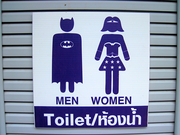 20+ Of The Most Creative Bathroom Signs Ever - Batman And Wonder Woman