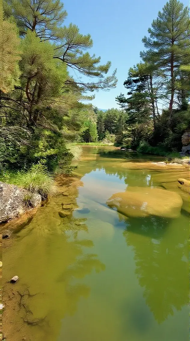 Una de las Pozas de Belsué en Huesca, con aguas cristalinas de color turquesa fluyendo entre formaciones rocosas en el Pirineo.
