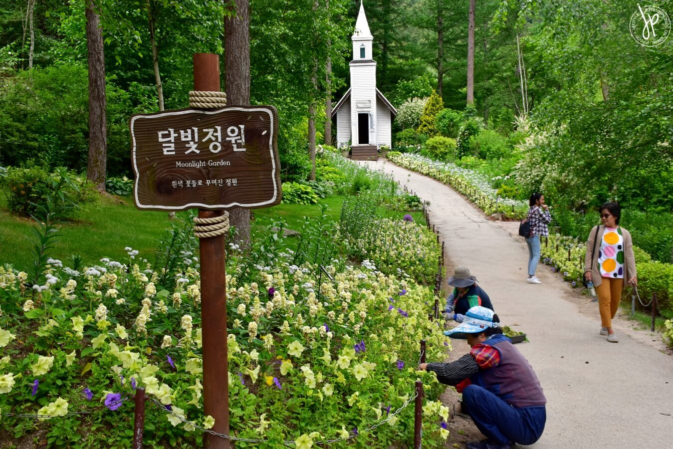 flowerbed path and chapel