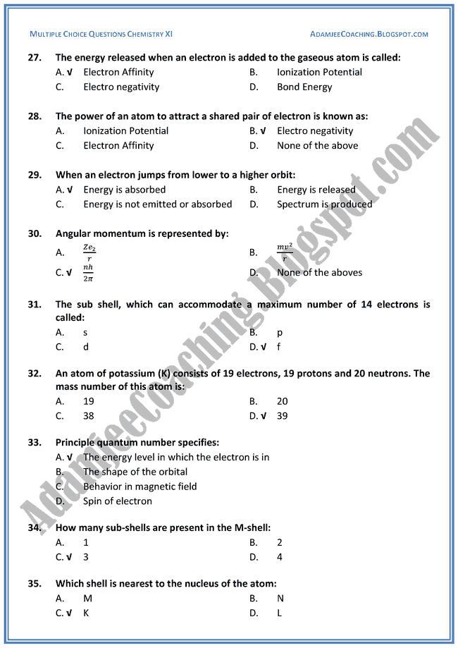 XI Chemistry MCQs - Atomic Structure