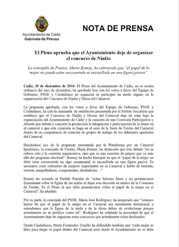 El Pleno aprueba que el Ayuntamiento deje de organizar el concurso de Ninfas