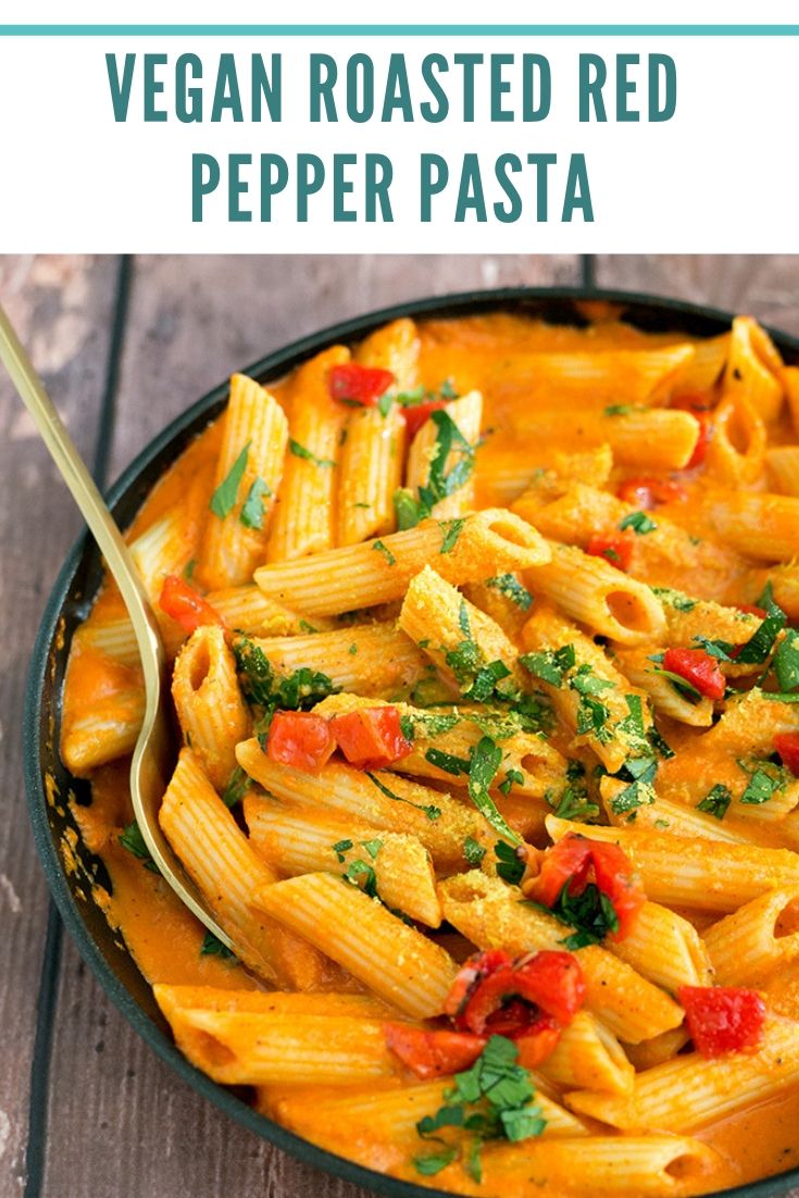 Vegan Roasted Red Pepper Pasta - a delicious, simple and easy to make Roasted Red Pepper Sauce made in a blender and heated up with cooked Penne Pasta.