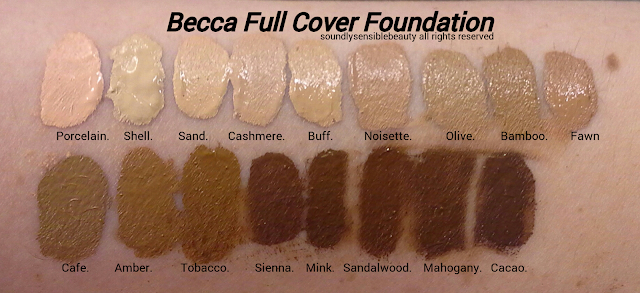 Becca Ultimate Coverage Complexion Creme Full Cover Foundation; Review & Swatches of Shades; Porcelain, Shell, Sand, Cashmere, Buff, Noisette, Olive, Bamboo, Fawn,  Cafe, Amber, Tobacco, Sienna, Mink, Sandalwood, Mahogany, Cacao,