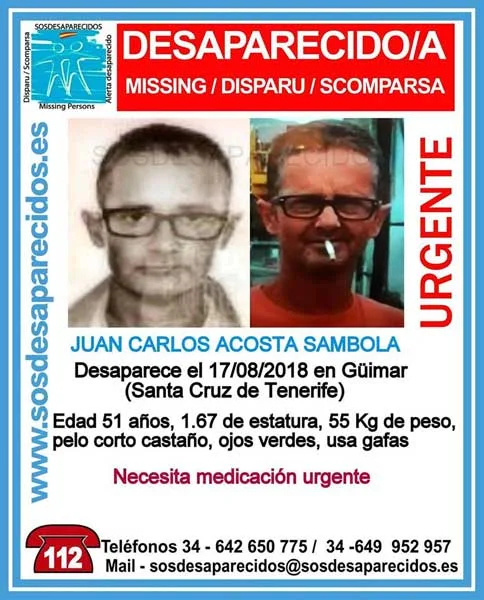 El hombre desaparecido en Güímar, Juan Carlos Acosta Sambola,necesita medicación urgente 