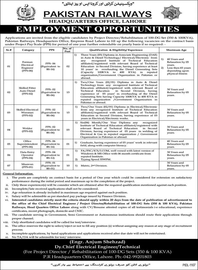 Pakistan Railways PR Headquarters Office Lahore Jobs 2022 Latest Advertisement