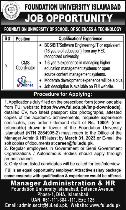 Foundation University Islamabad  Jobs 2023 Advertisement