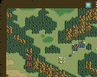 Shows forest with  mountain 16 bit graphics which includes dark green for forest and light green for the grass and brown coloured mountains. Shows animated blue knight soldiers and blue red soldiers