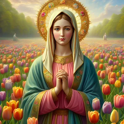 Imagen de la Virgen María en un campo de tulipanes de varios colores